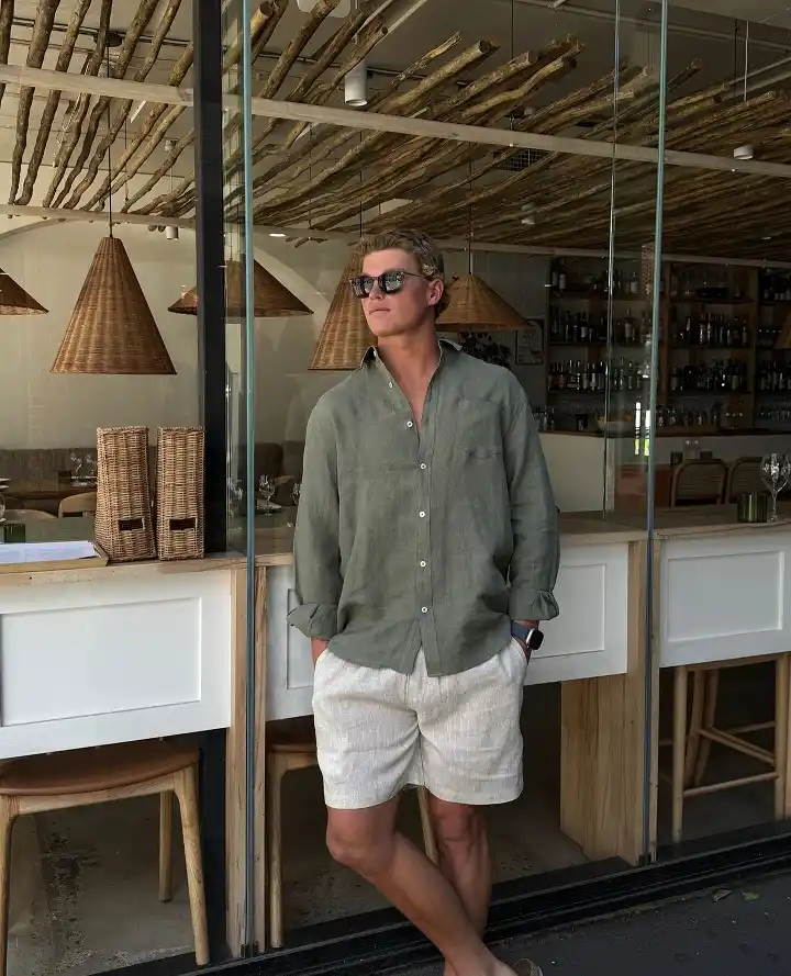20 Linen Shorts Outfits for Men: Easy Summer Style That Works Every Time 14 Tonal Olive and Oatmeal Keep This Combo Easy to Wear