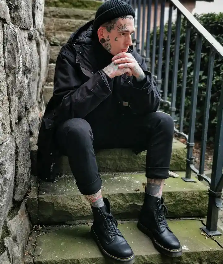 Black Hooded Parka, Cuffed Jeans, Lace Up Boots
