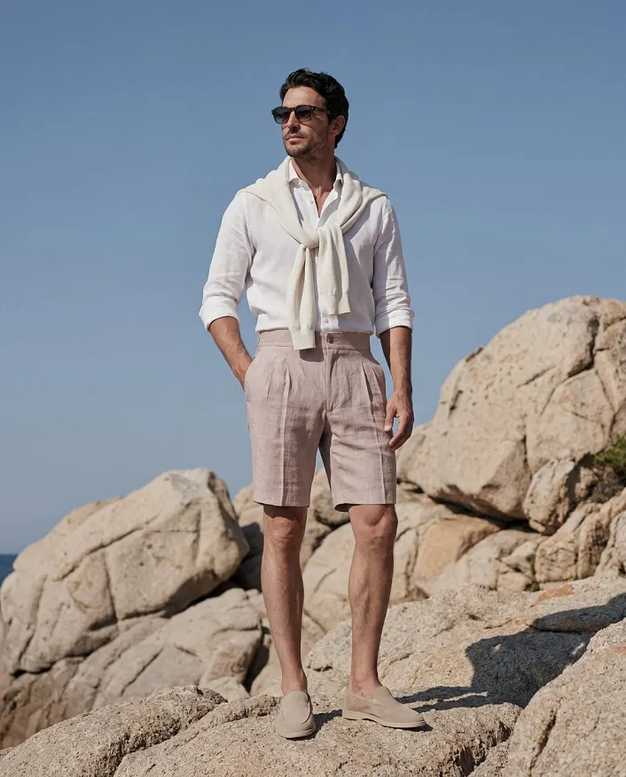 20 Linen Shorts Outfits for Men: Easy Summer Style That Works Every Time 3 Pleated Blush Shorts Turn a Rocky Coastline Into a Runway