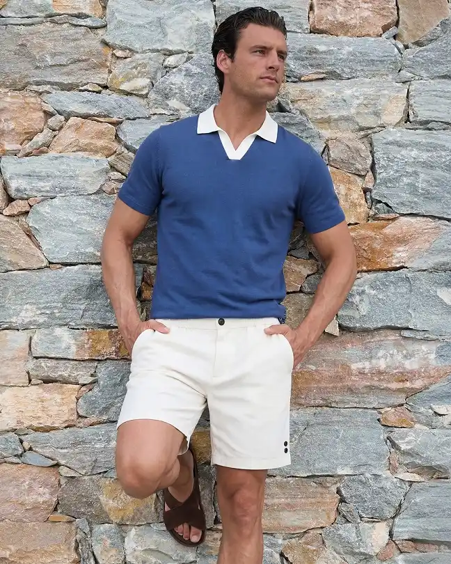 20 Linen Shorts Outfits for Men: Easy Summer Style That Works Every Time 9 A Contrast Collar Knit Pairs With Tailored Ivory Shorts