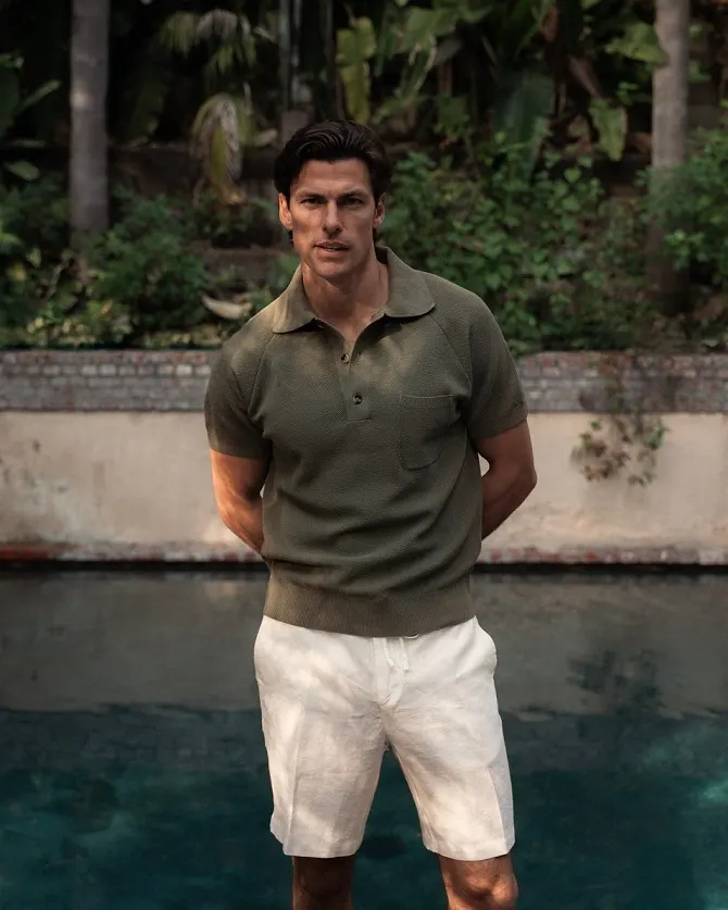 20 Linen Shorts Outfits for Men: Easy Summer Style That Works Every Time 16 A Textured Knit Polo Softens Structured White Linen Shorts