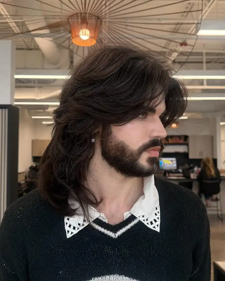19 Wolfcut Hair for Men Styles Your Barber Will Actually Understand 4 Shoulder Length Wolf Cut Paired With a Full Beard