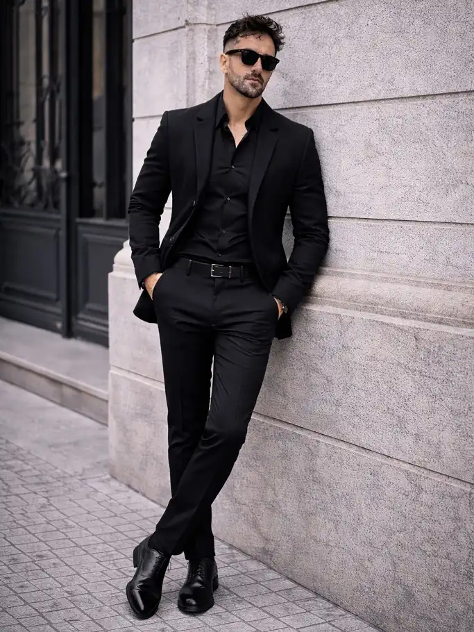 21 Stylish Black Outfit Ideas for Men That Look Effortlessly Cool 4 The All Black Suit With a Matching Black Shirt
