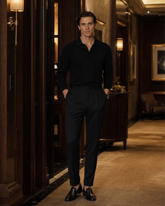 21 Stylish Black Outfit Ideas for Men That Look Effortlessly Cool 11 Long Sleeve Black Polo With Pleated Trousers