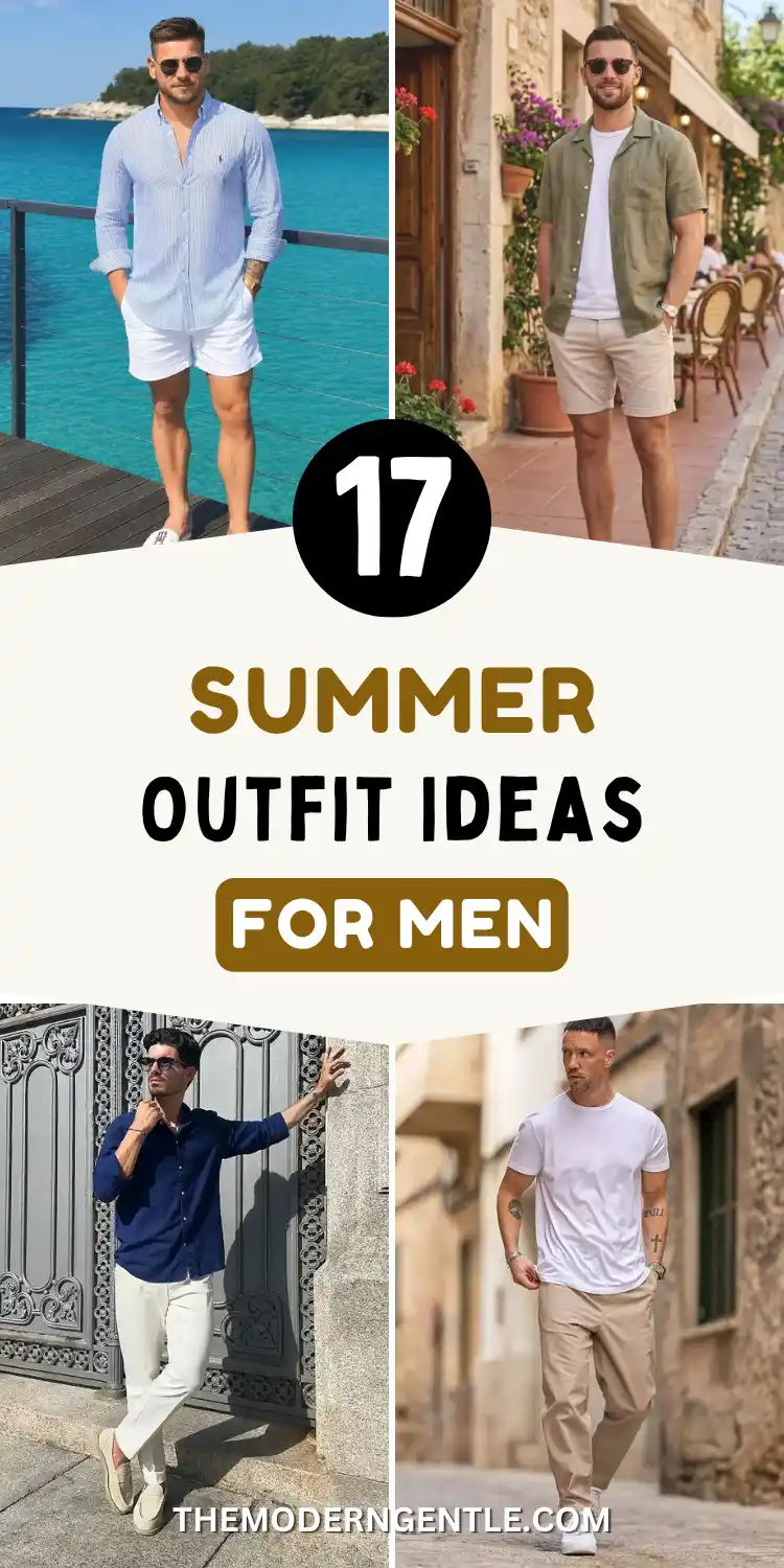 Four photo collage of summer outfit ideas for men: a striped button down outfit with white shorts by turquoise water, an olive camp shirt worn over a white tee with beige shorts on a cobblestone street, a navy shirt with white trousers and suede loafers by an iron gate, and a white tee with tan trousers, all examples of mens casual outfits and resort wear men can wear all summer.
