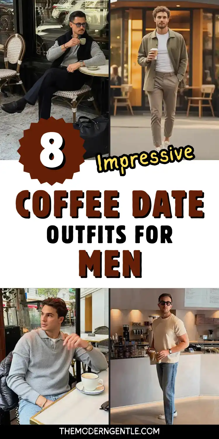 Four coffee date outfits for men shown in real café settings: a seated man in a scarf and layered sweater sipping espresso outside a bistro, another walking past a storefront in an olive overshirt with coffee in hand, a third relaxing at a café table in a grey knit with jeans, and a fourth at a coffee counter in a cream tee and denim. Bold text reads "8 Impressive Coffee Date Outfits for Men," highlighting café outfit and men's casual style inspiration.