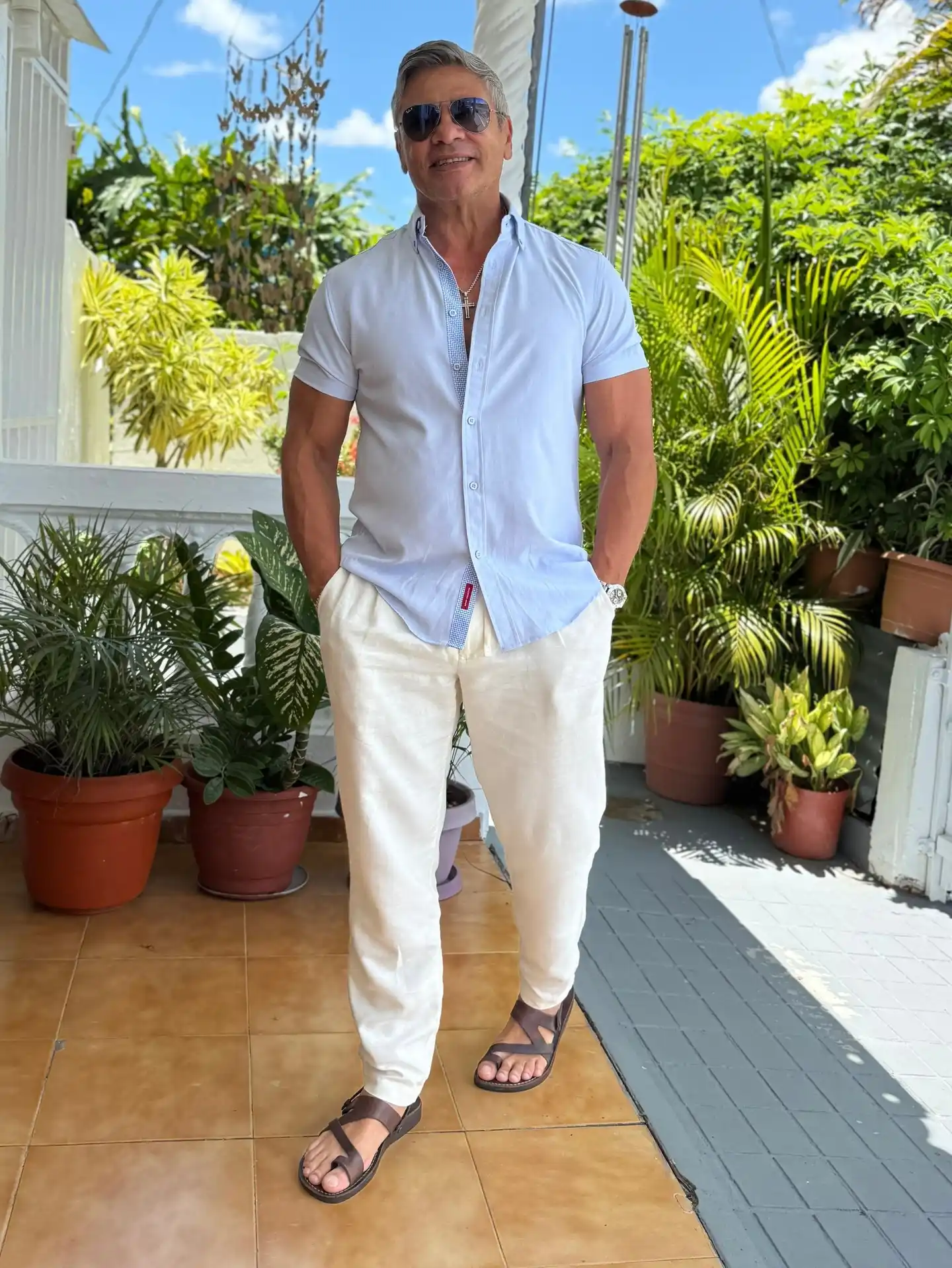 Short Sleeve Shirt and Ivory Trousers