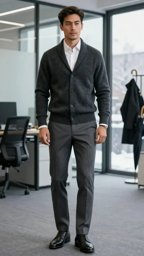 21 Winter Work Outfit Ideas for Men, From Wool Suits to Jobsite Layers 19 The Knit-Heavy Office Uniform Cardigan, Dress Shirt, And Tech Trousers