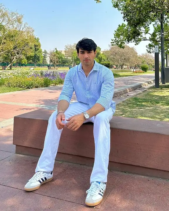 Blue Stripe Shirt and White Trousers