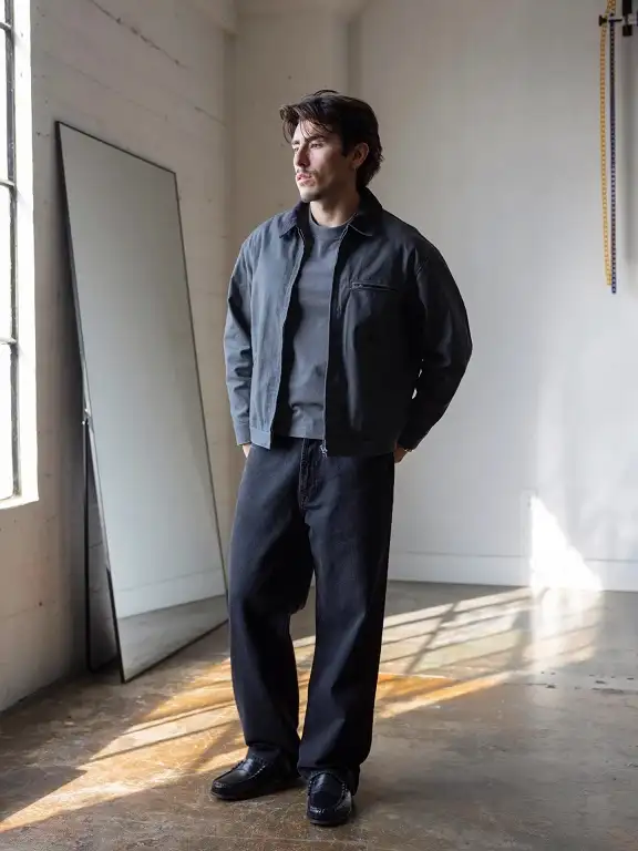 21 Winter Work Outfit Ideas for Men, From Wool Suits to Jobsite Layers 12 Charcoal Work Jacket With Wide-Leg Black Denim