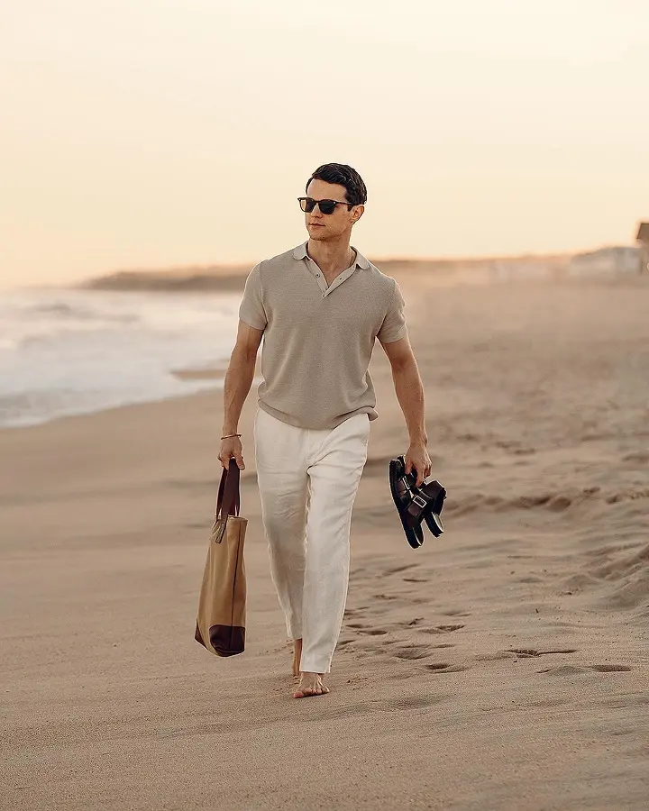 Knit Polo and White Linen Trousers for an Easy Sunset Walk