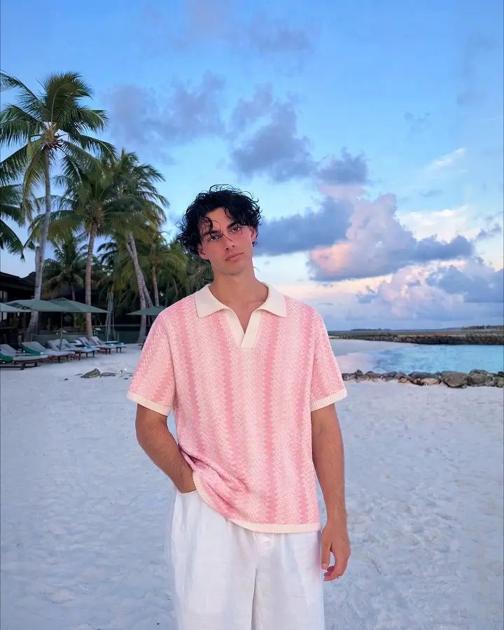 Pink Chevron Knit Polo with Wide White Linen Trousers