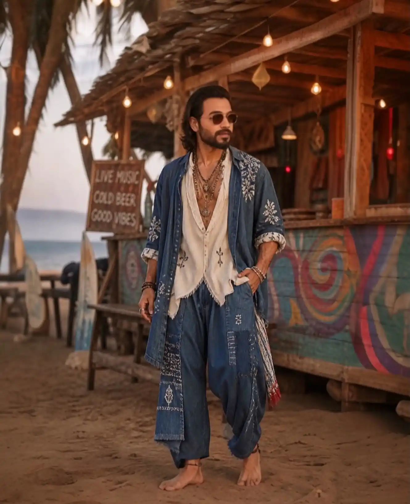 16 Boho Outfit Ideas for Men to Wear Casually 3 Layer Three Shades of Indigo for an Effortless Beach Bar Look