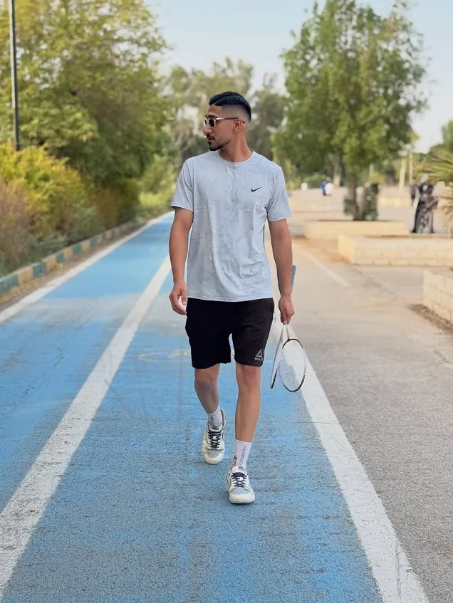 Heather Grey Tee With Black Shorts and Sunglasses