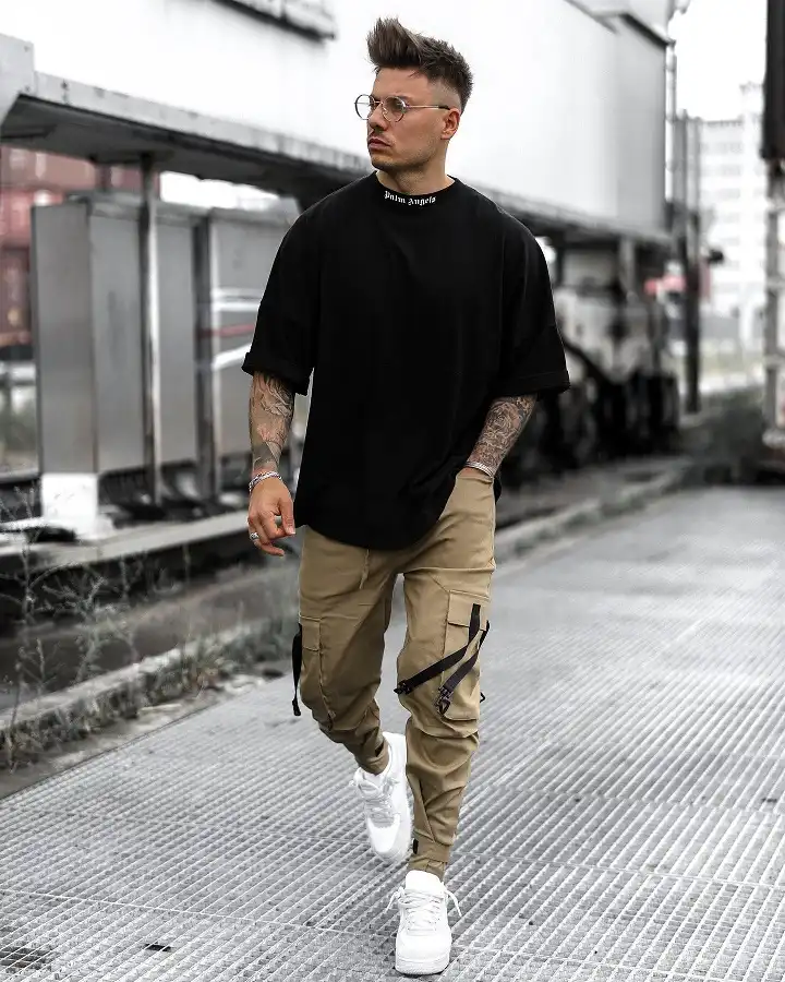 Oversized Black Tee With Tan Strap Cargos