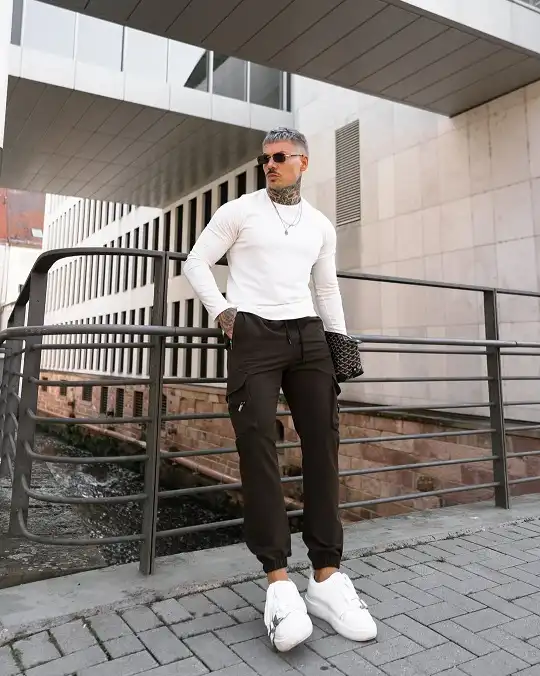 Slim Brown Cargo Joggers With A Fitted White Long Sleeve