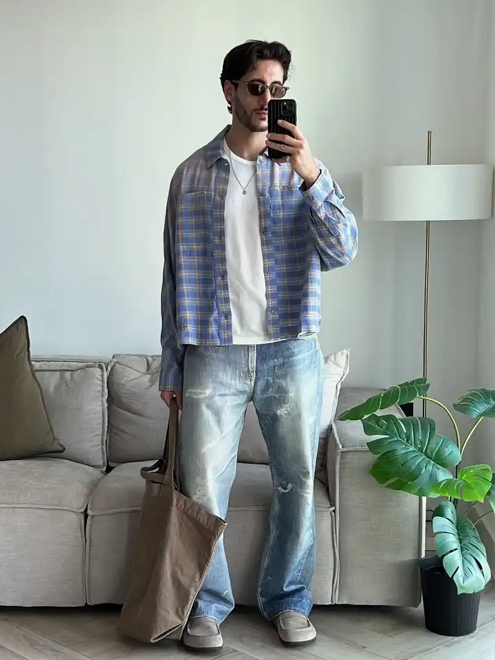 Plaid Overshirt With Faded Baggy Denim