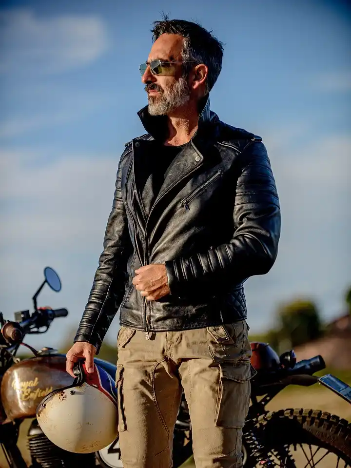 Black Biker Jacket With Khaki Cargo Pants