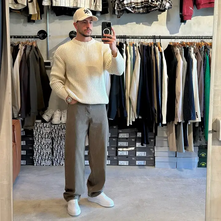 Cream Sweater With Wide Trousers and Chunky White Sneakers