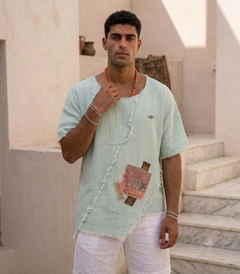 16 Boho Outfit Ideas for Men to Wear Casually 5 Pair Raw-Edge Linen With White Shorts for a Warm-Weather Boho Uniform