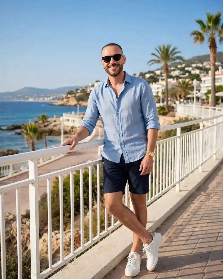 Light Blue Linen and Navy Shorts for a Coastal Walk Look