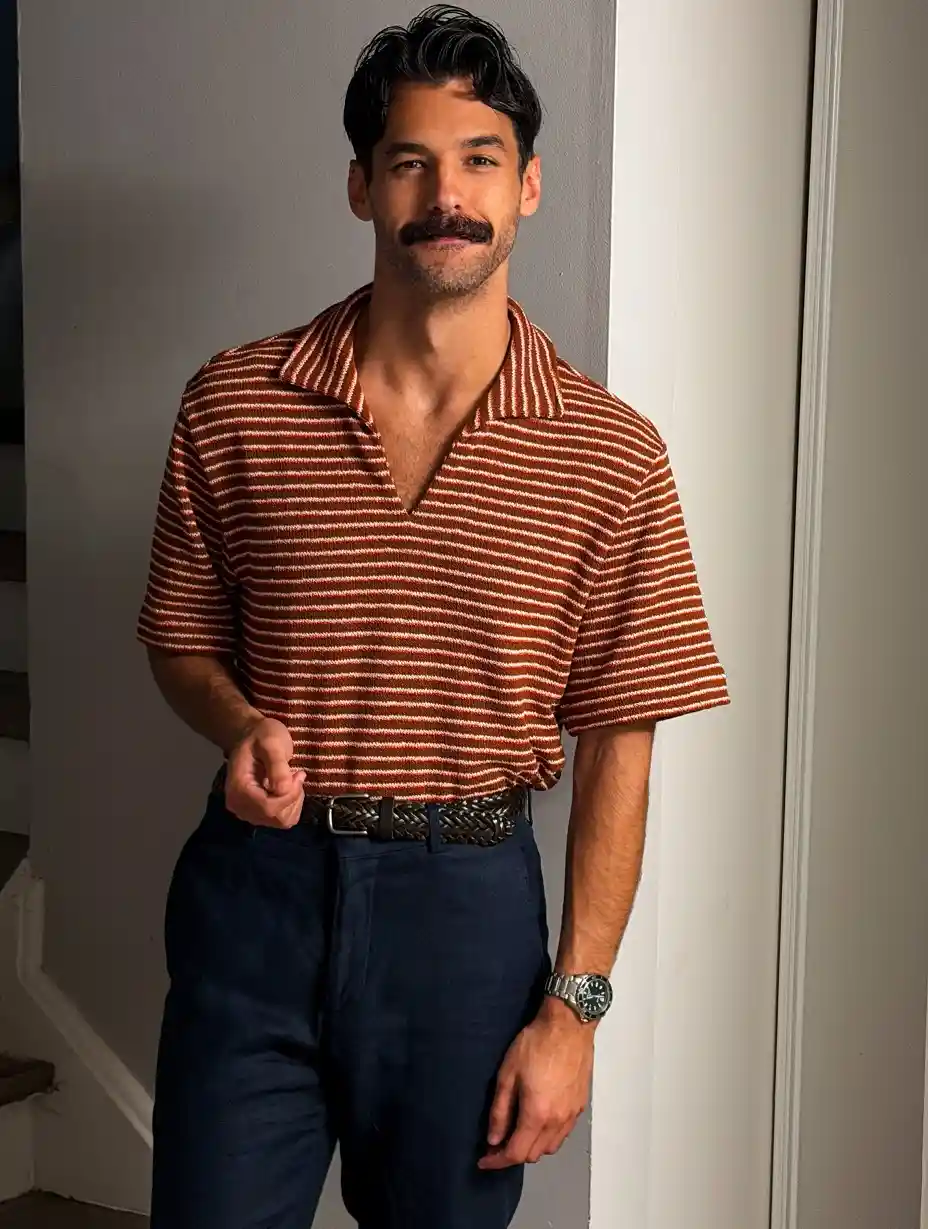 Striped Terry Polo Tucked Into Navy Linen