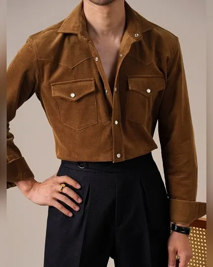 Caramel Western Corduroy Shirt Tucked Into Pleated Trousers