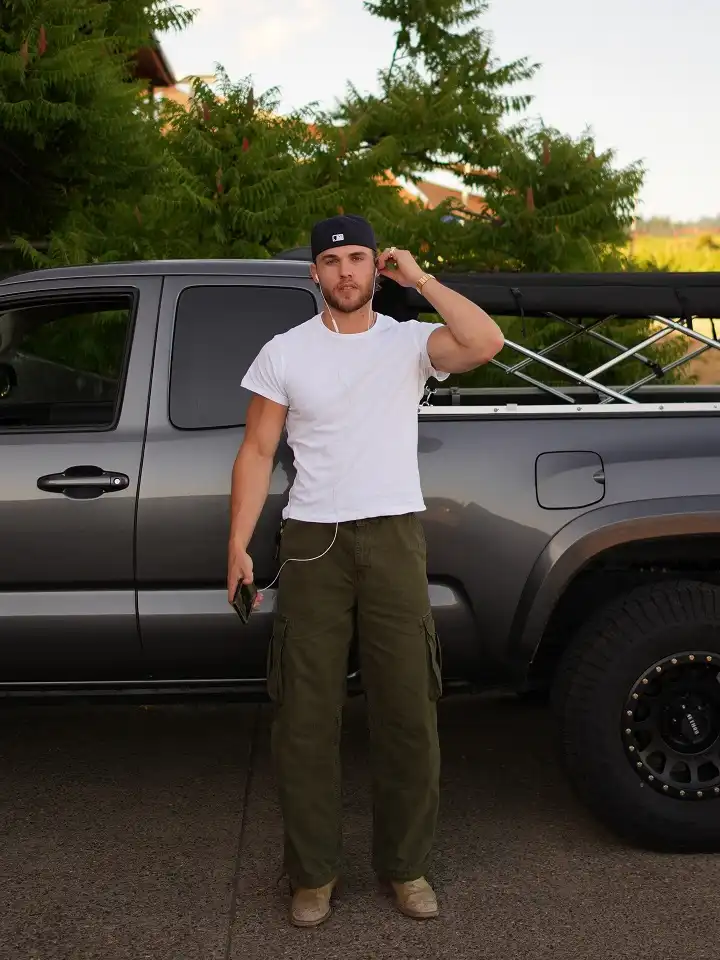 Olive Baggy Cargos With Worn Cowboy Boots