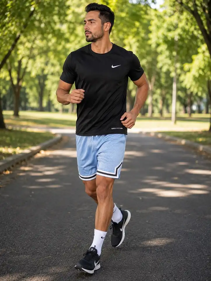 Black Tee Over Light Blue Mesh Basketball Shorts