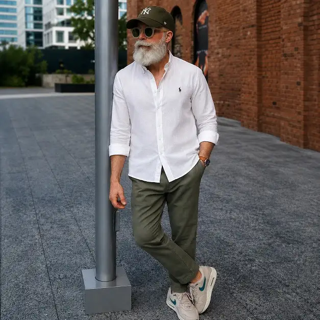 Summer Fashion for Older Gentlemen: 17 Timeless Outfits That Still Feel Fresh 10 White Shirt and Olive Chinos with Clean Sneakers