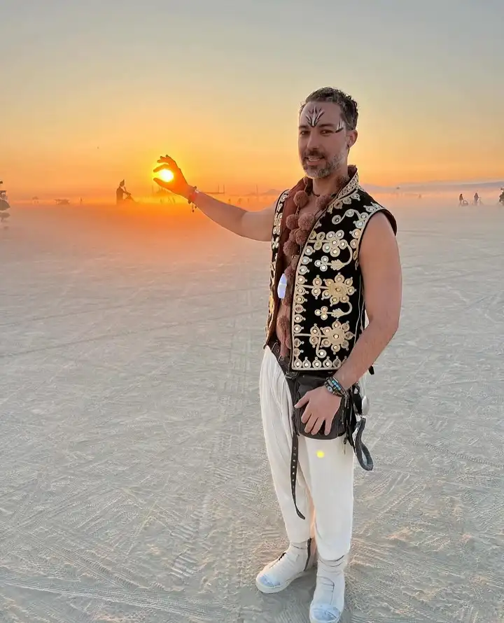 Mirror Work Vest and White Harem Pants on the Playa
