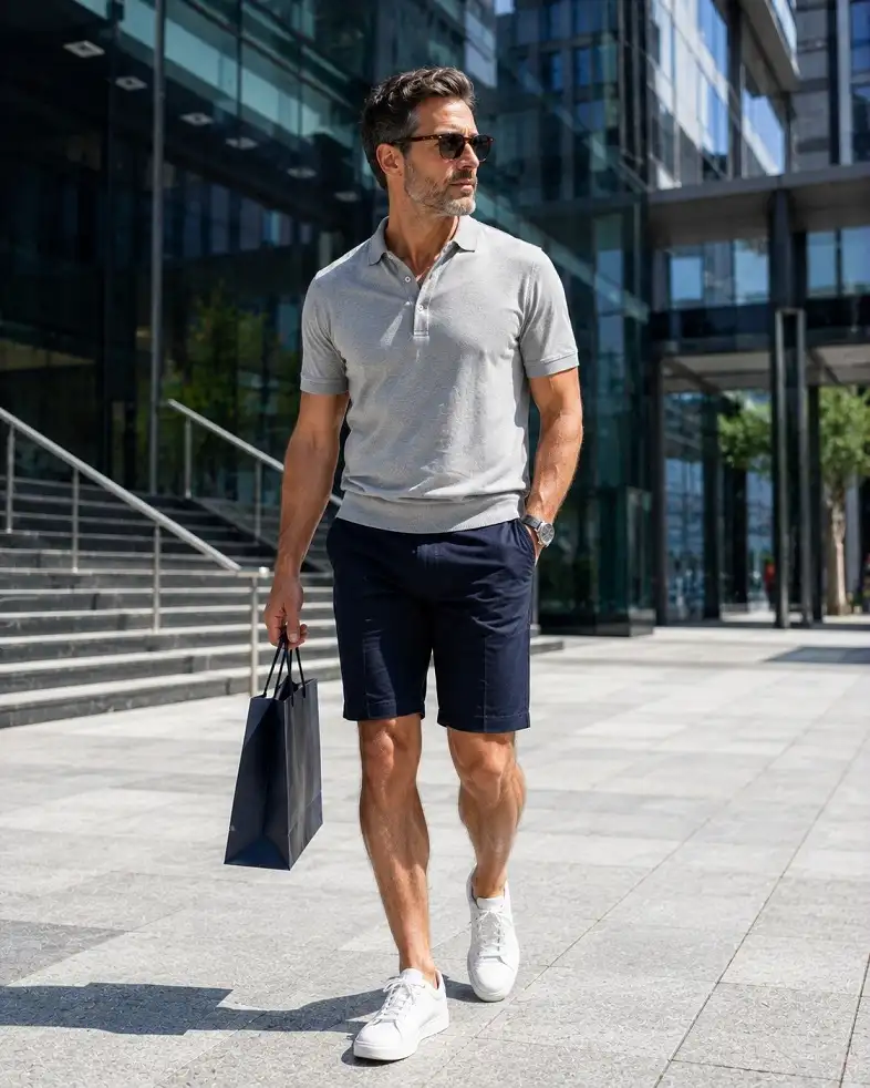 Grey Knit Polo and Navy Shorts for Effortless Smart Casual