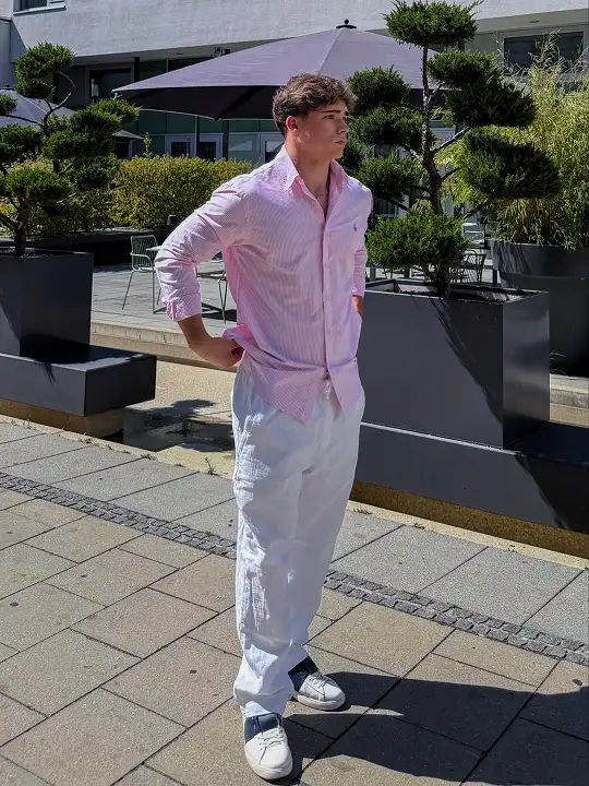 Pink Stripe Shirt and Linen Trousers