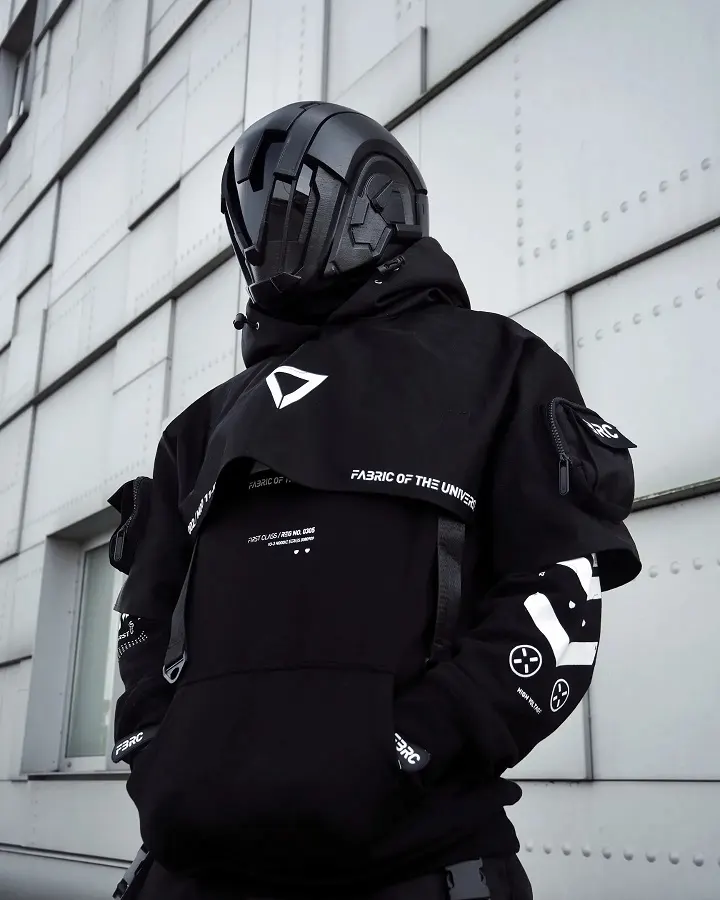 25 Rave Outfits for Men That Go All-in on Style 15 Techwear Mask and Oversized Utility Anorak for a Full Cyberpunk Statement