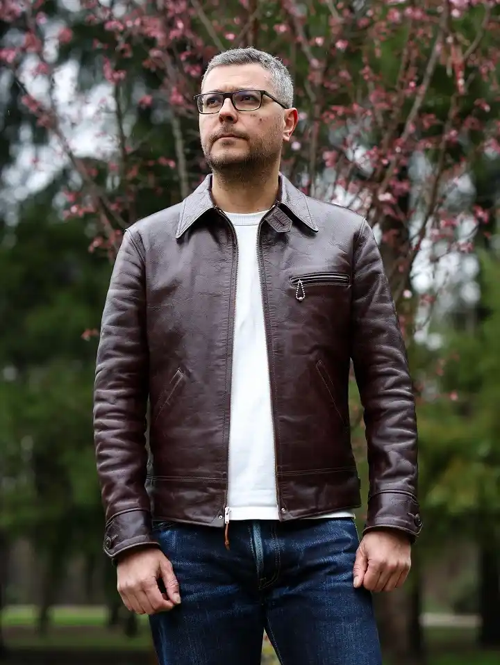 Brown Horsehide Jacket, White Tee, Dark Denim