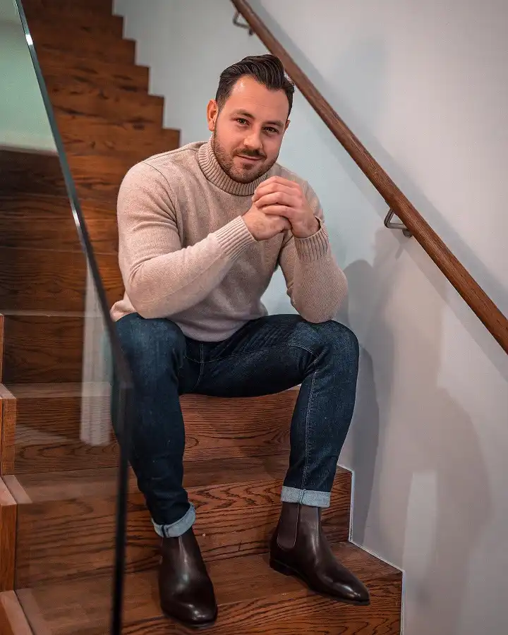 Oatmeal Turtleneck and Dark Brown Chelsea Boots