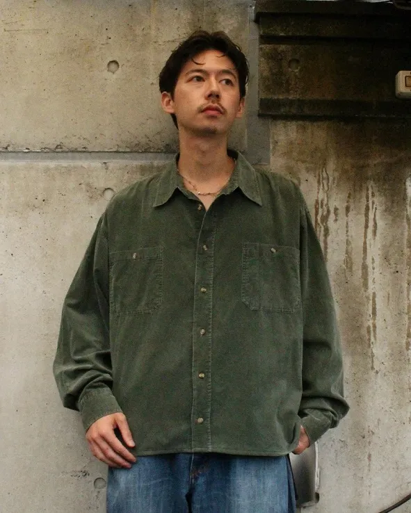 Faded Olive Corduroy Shirt, Oversized and Untucked