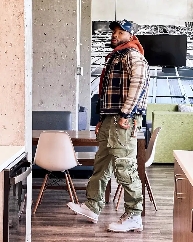 Plaid Shirt Jacket Over Sage Cargos For Cold Days