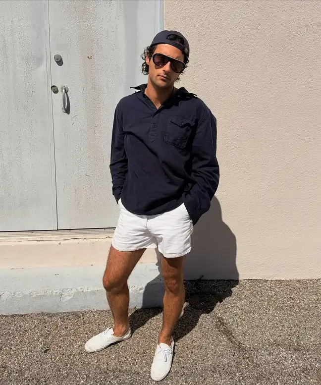 17 Summer Outfits for Short Men Who Want Better Proportions 2 Navy Popover Shirt With Short White Shorts