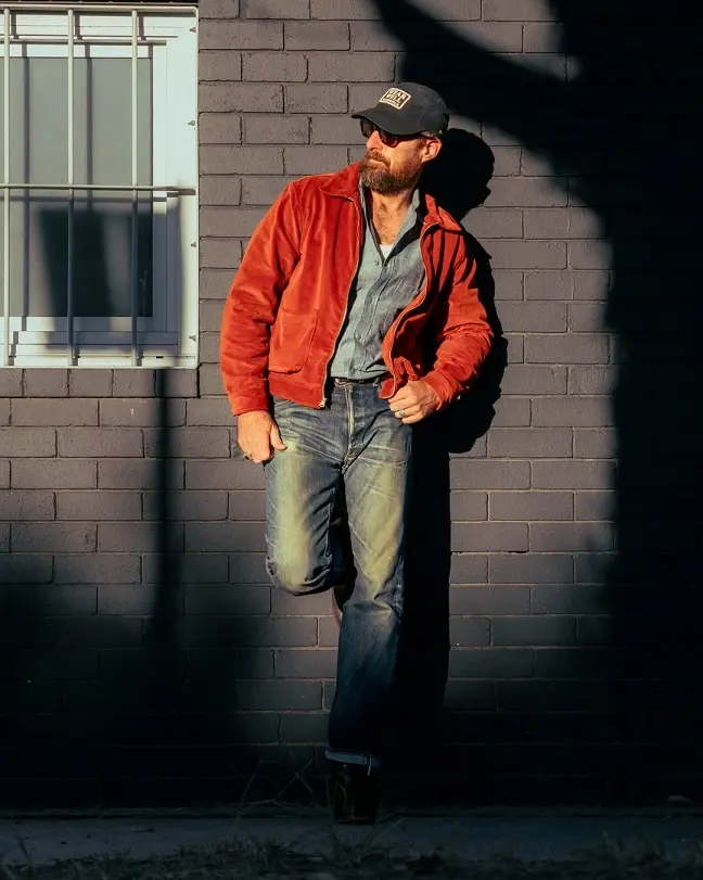 Rust Corduroy Zip Jacket Over Chambray