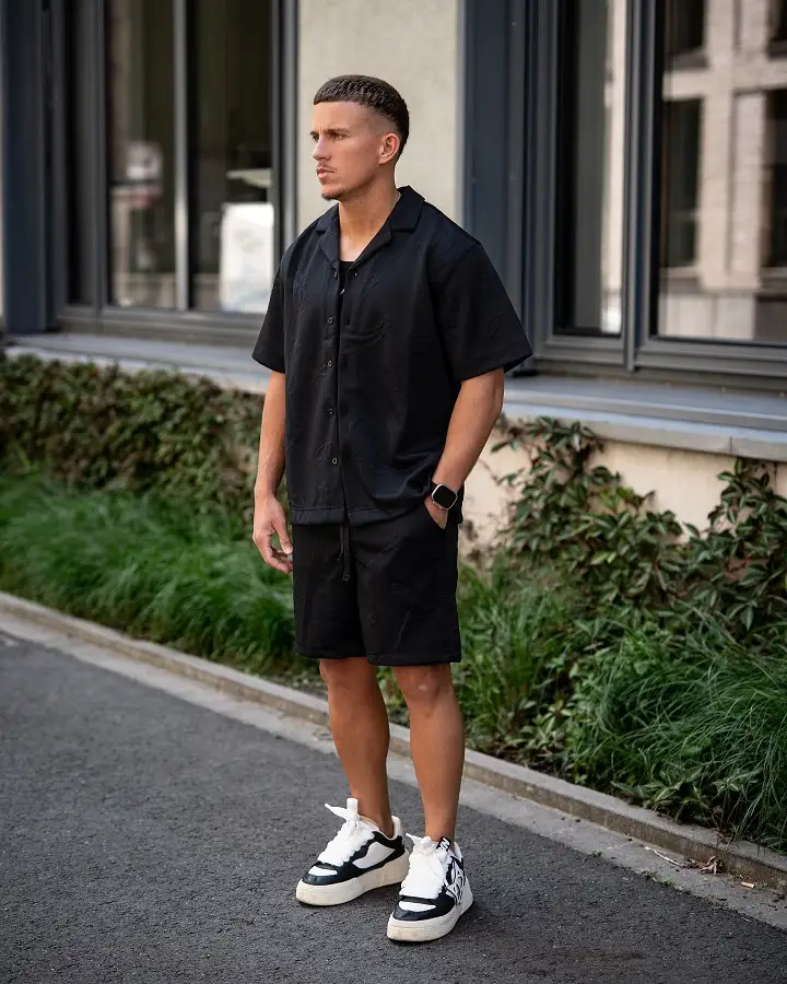 22 Black Shorts Outfit Ideas for Men That Actually Look Put Together 17 Matching Shirt and Shorts Set With a Tee Underneath