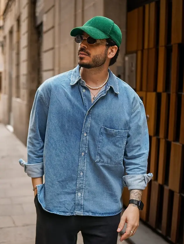 Faded Denim Shirt With One Loud Accessory
