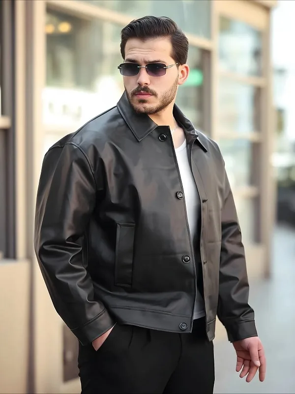 Boxy Leather Shirt Jacket With Tailored Black Trousers