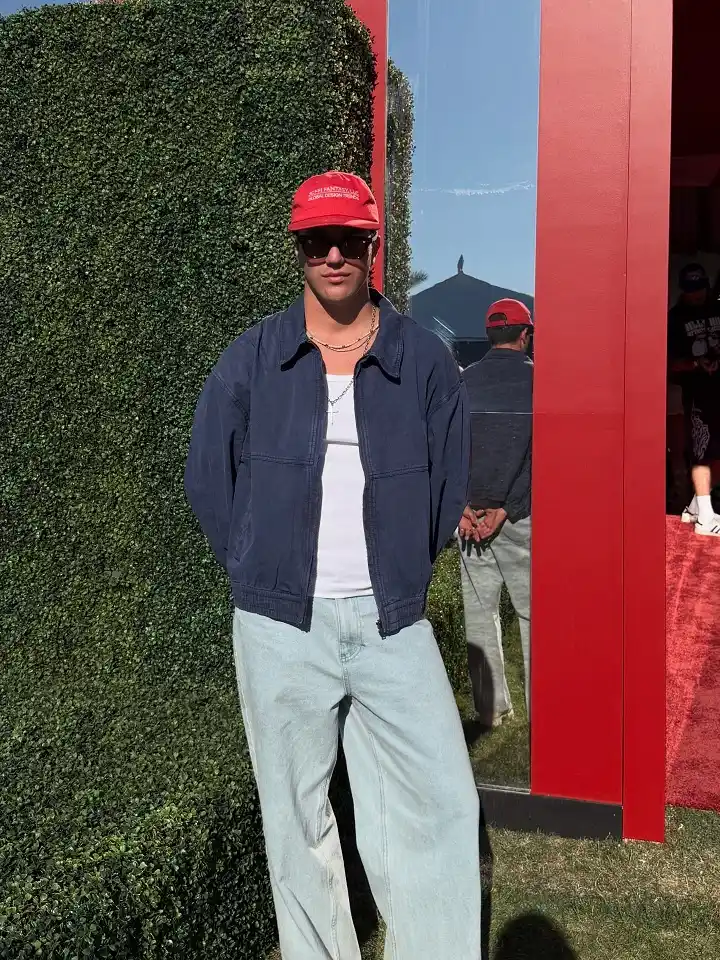 Red Cap, Navy Harrington and Puddle Wide Jeans