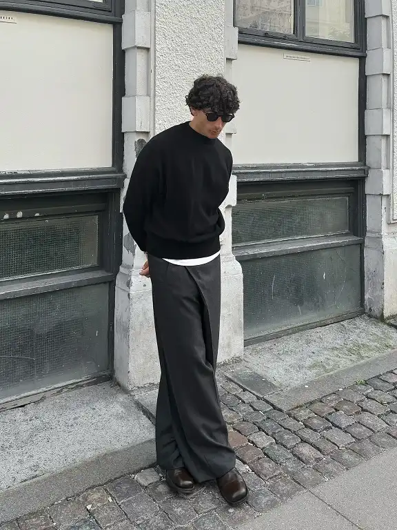Summer Fashion for Skinny Guys: 20 Looks That Add Shape and Height 4 Black Knit and Wide Trousers
