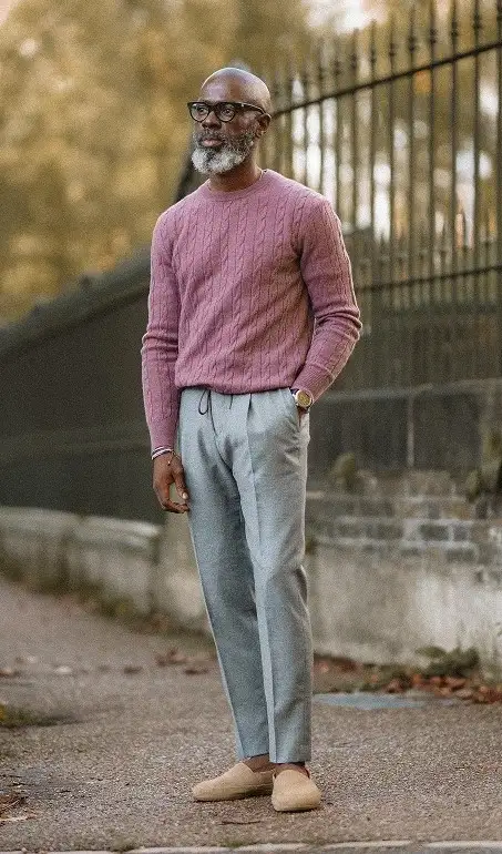 20 Cable Knit Sweater Outfits For Men That Look Expensive 5 Dusty Pink Knit With Grey Flannel Trousers