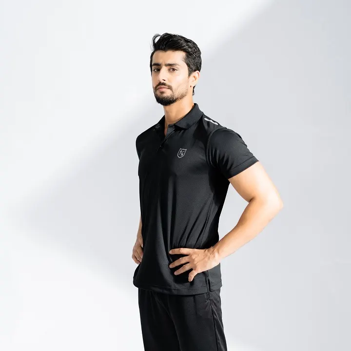 Black Performance Polo With Shoulder Stripes