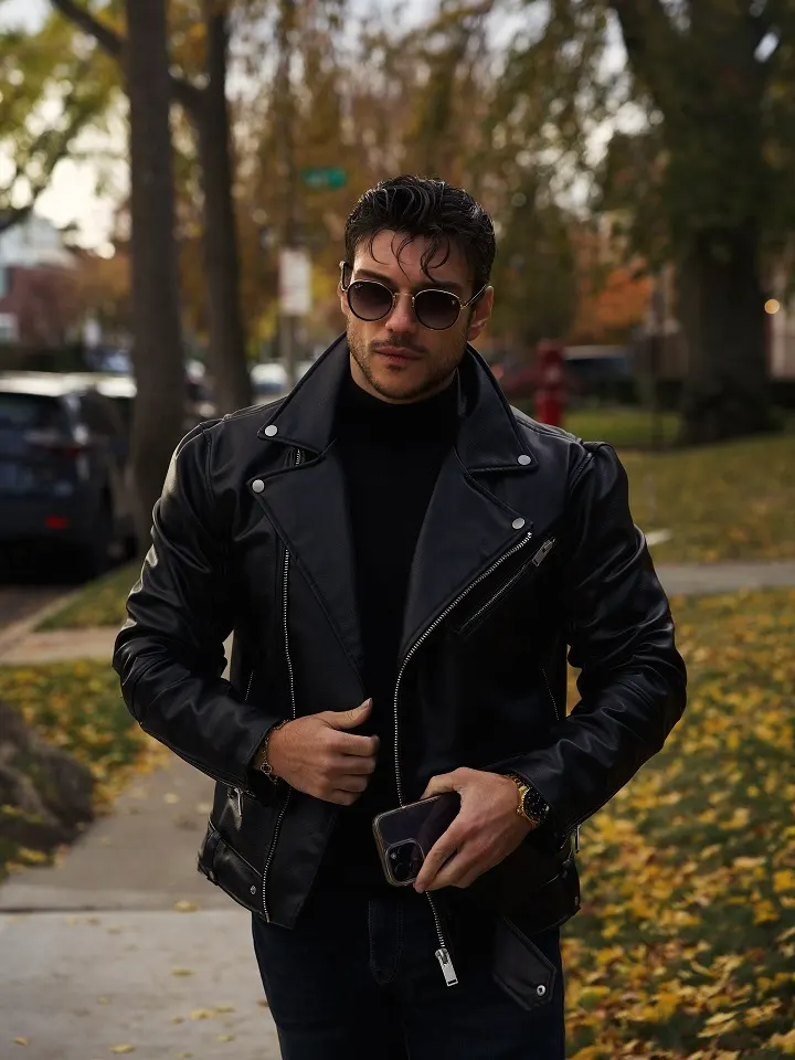 All Black Moto Jacket and Turtleneck for Cold Weather Confidence