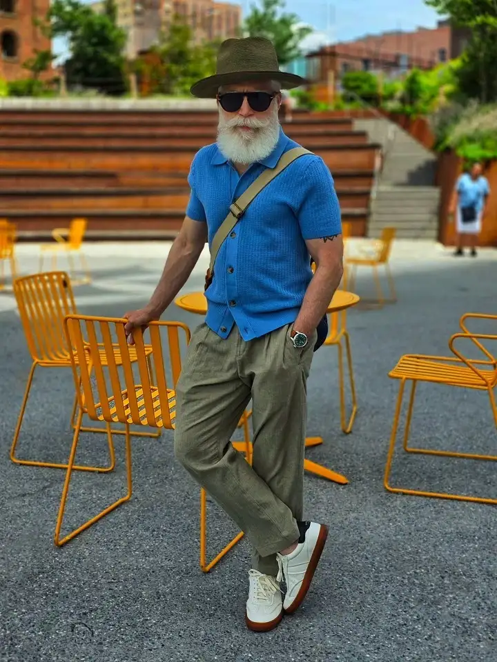 17 Summer Outfits for Short Men Who Want Better Proportions 5 Blue Knit Button Shirt With Olive Linen Trousers