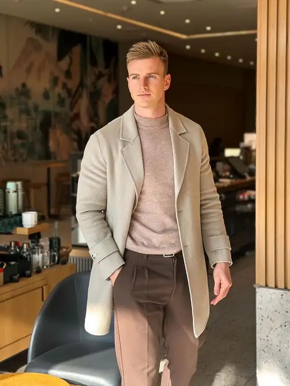 21 Winter Work Outfit Ideas for Men, From Wool Suits to Jobsite Layers 3 Oatmeal Overcoat With Nothing but Neutrals Underneath